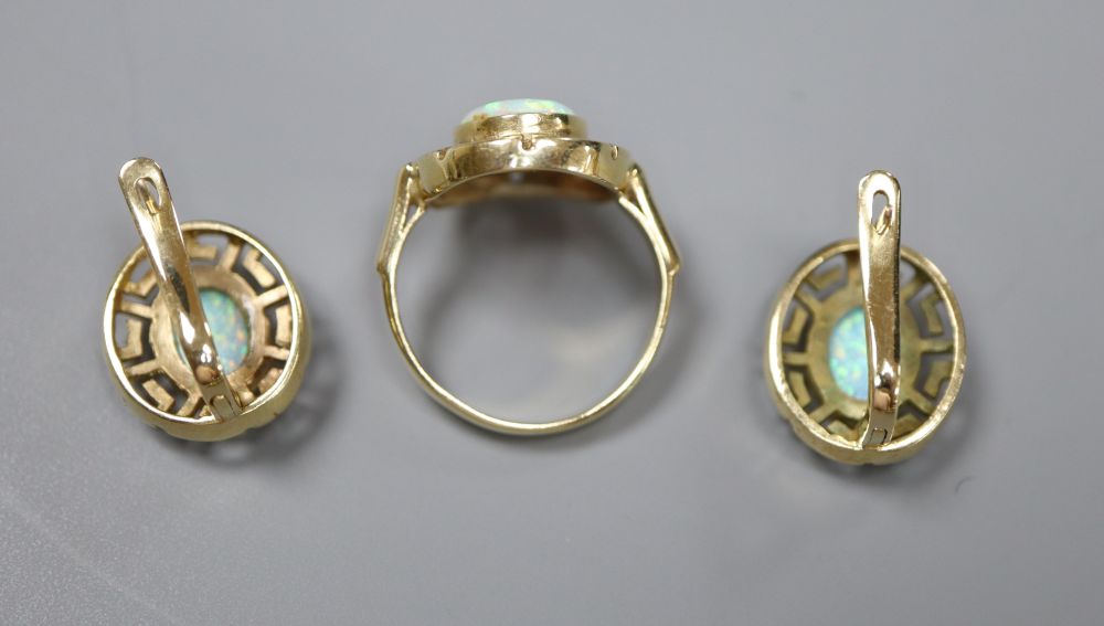 A suite of Indian 585 and white opal jewellery retailed by Alnur, with Greek Key pattern mounts, total 49.4g